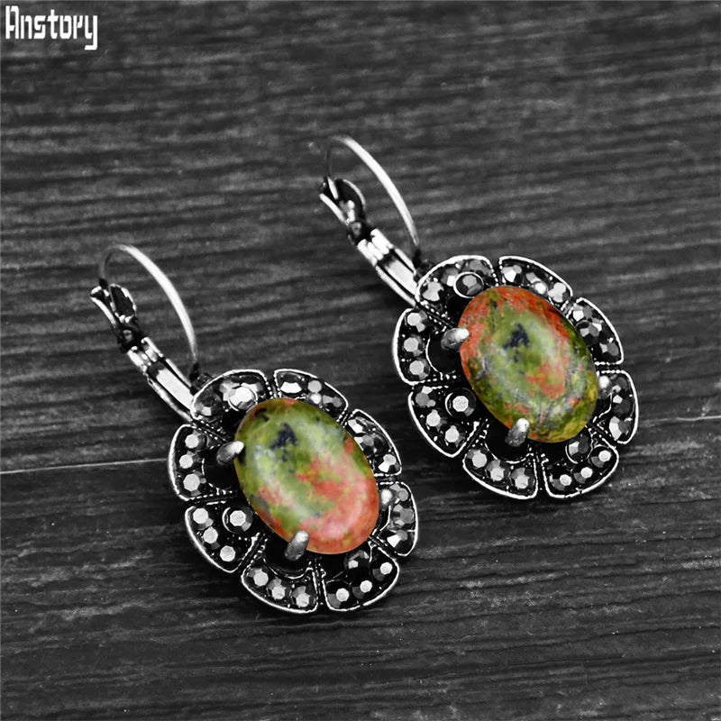 Vintage Plumflower Natural Lapis Lazuli Rhinestone Earrings For Women Tibetan Silver Plated Natural Stone Tiger Eye Earring - Charlie Dolly