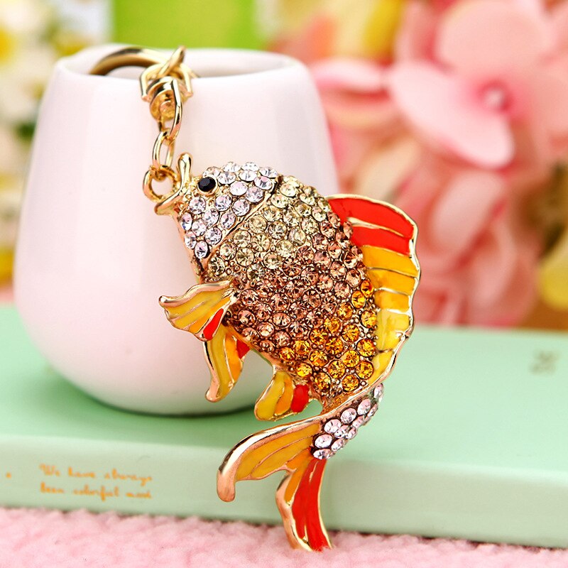 High-end zodiac little tiger car keychain female cute goldfish pendant metal key chain ring rhinestone gift