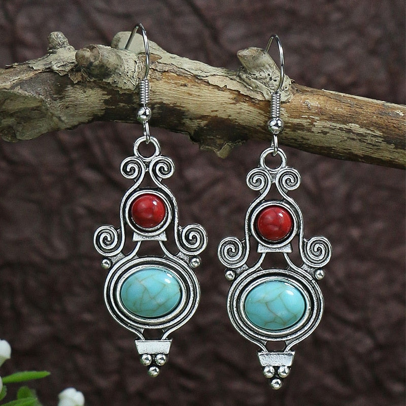 53 Styles Bohemian Vintage Tibetan Silver Geometric Drop Earrings For Women Ethnic Blue Stone Tassel Dangle Earrings Jewelry