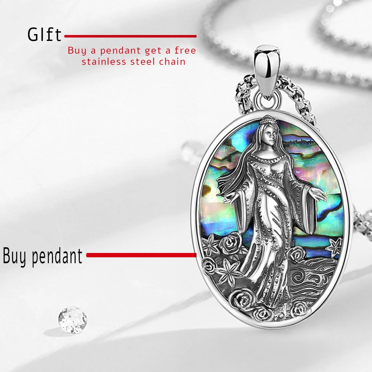 Yemaya Sea Goddess Necklace with Natural Abalone, S925 Sterling Silver