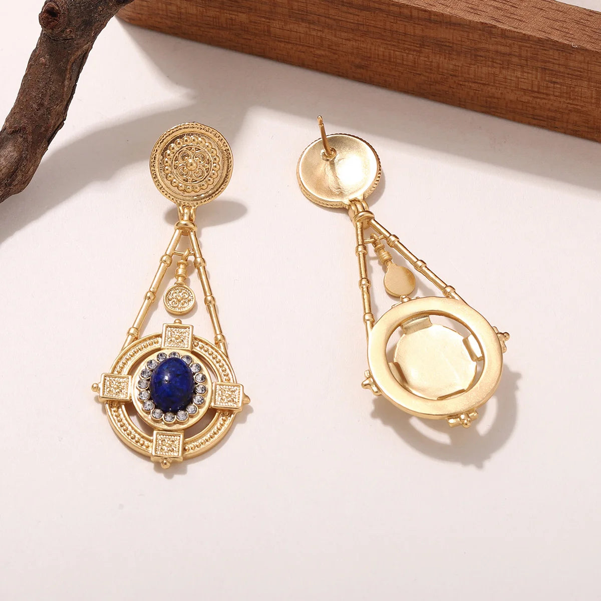 Vintage 18K Gold Plated Drop Earrings with Lapis lazuli Stone & Rhinestones - Elegant Geometric Women's Jewelry Daily Ear Charm - Charlie Dolly