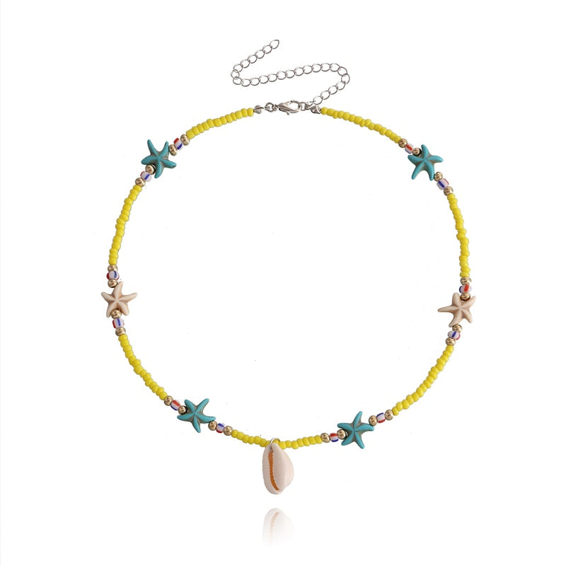 Necklace Boho Colorful Beads Starfish with Sea Shell Pendant Women Handmade Chic Jewelry