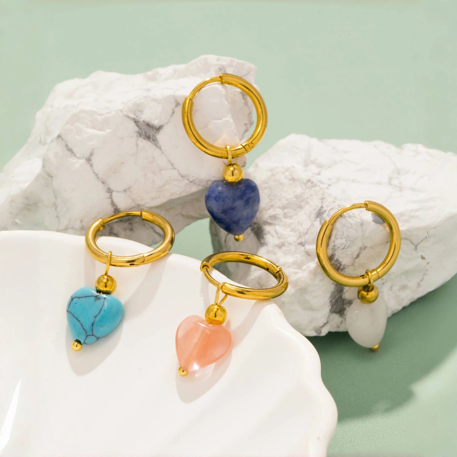 Detachable Heart Natural Stone Hoop Earrings, 2-in-1 Stainless Steel Boho Jewelry