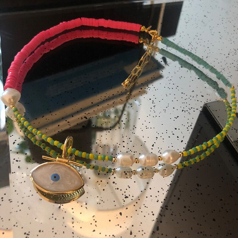 Goth freshwater pearl necklace women yellow smile beads coral Vintage Multi Layer Link Chain Necklace Punk Aesthetic Jewelry