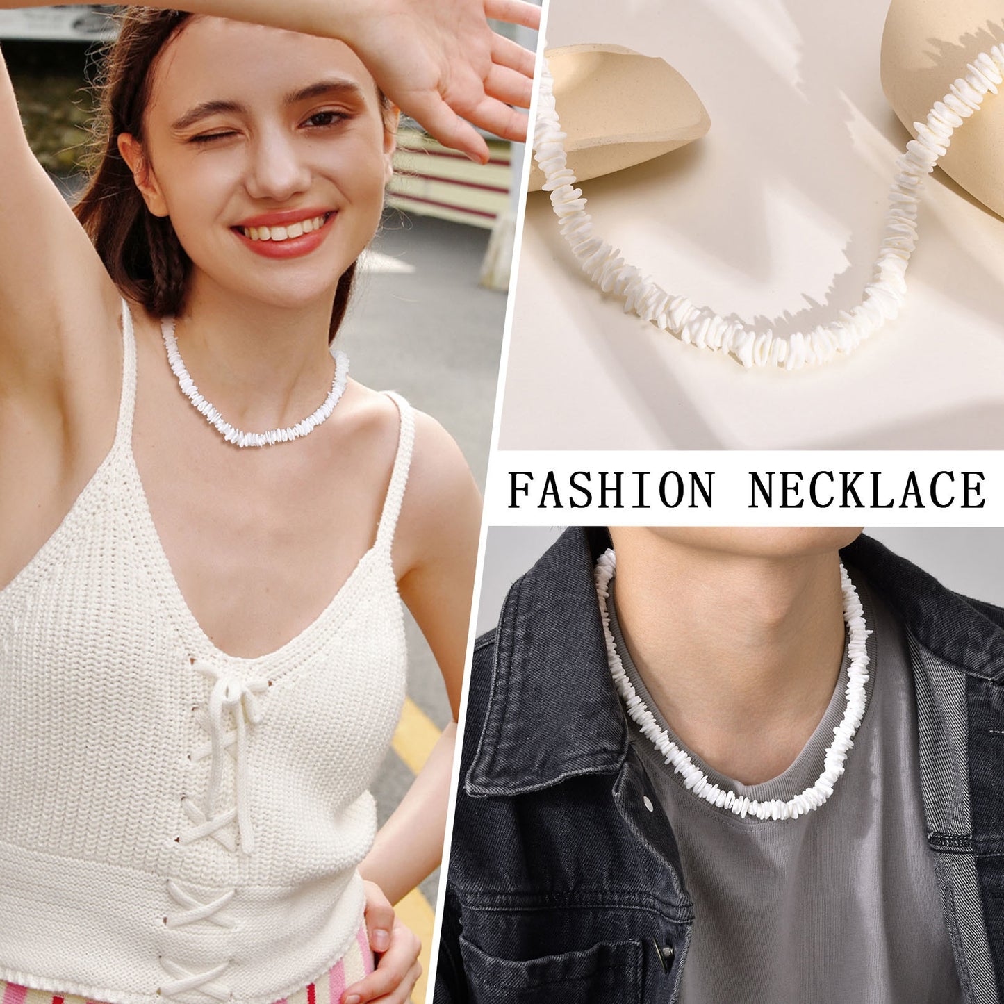 Bohemian Puka Shell Chain Necklace , Hawaiian Beach SeaShell Choker Necklace Womens Gift