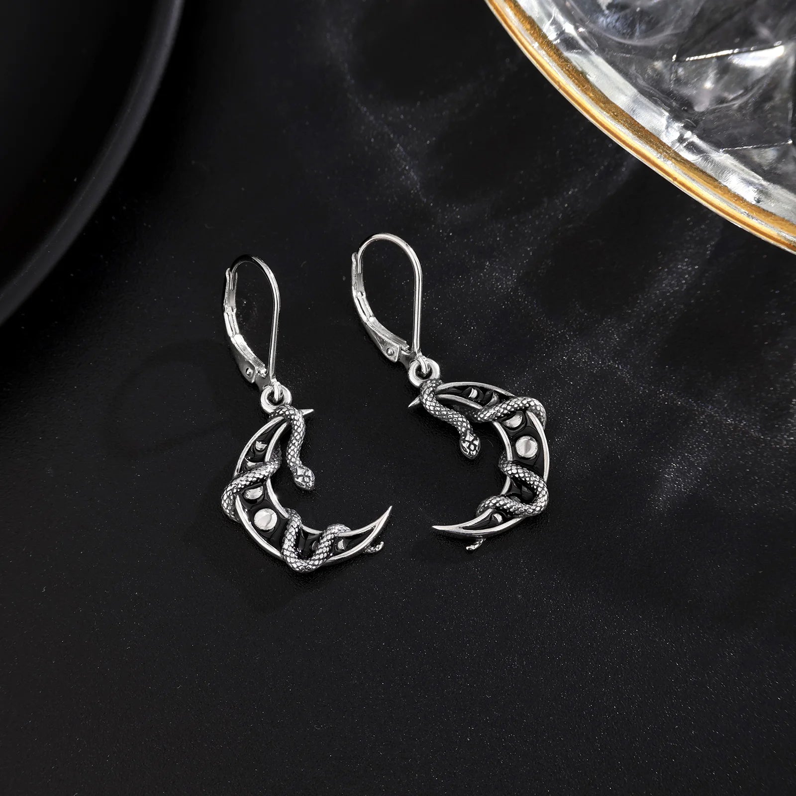 S925 Sterling Silver Moon Phase Snake Drop Earrings, Gothic Black Enamel Celestial Talisman