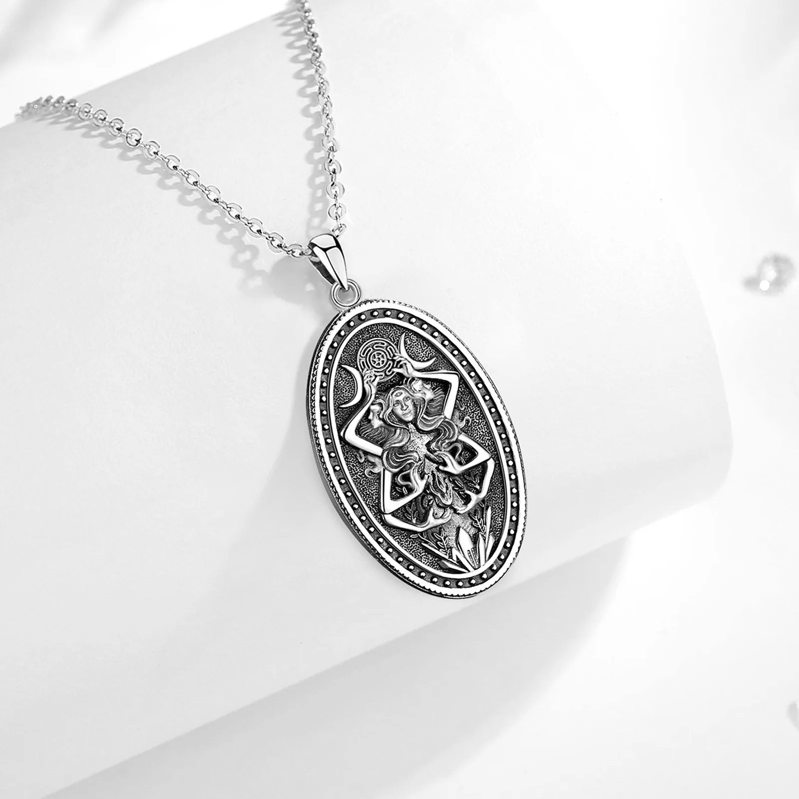 Triple Moon Goddess Hecate Wheel Necklace, S925 Sterling Silver