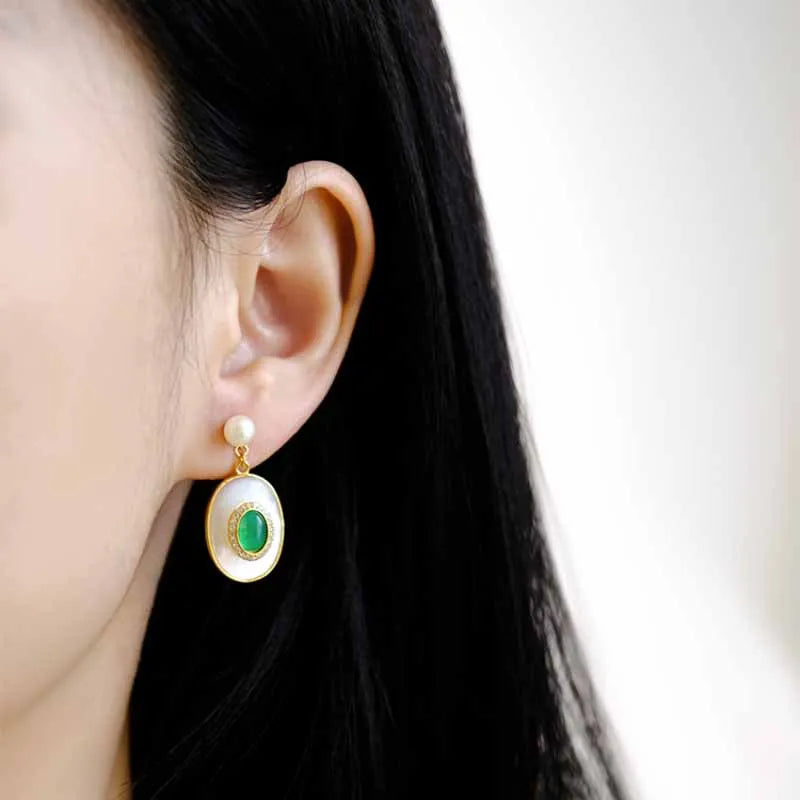 New style inlaid lapis lazuli artificial artificial fritillary earrings for women emerald vintage pearl wedding silver jewelry - Charlie Dolly
