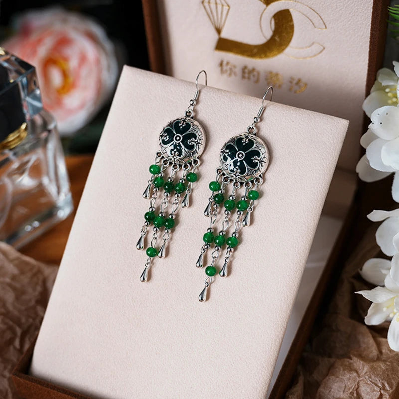 Green Enamel Feather Crystal Drop Earrings Jewelry