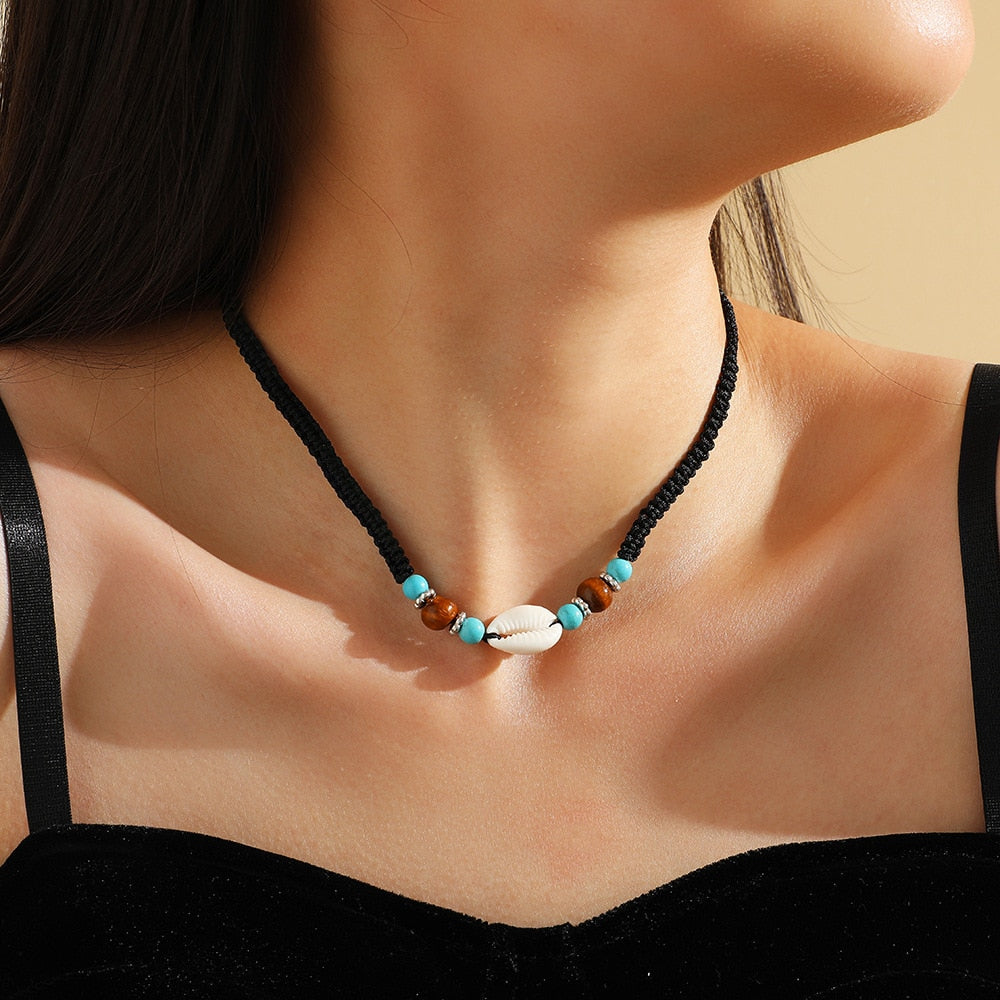 Bohemian Beads Shell Necklace For Women Handmade Black Rope Short Choker Collar Beach Summer Jewelry