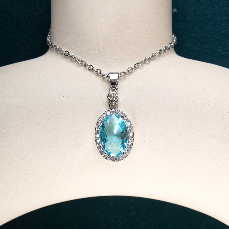 JoiasHome Fashion Silver 925 Jewelry For Women 6*8mm Oval Aquamarine Pendant Necklace Female Wedding Clavicle Chain Gift - Charlie Dolly