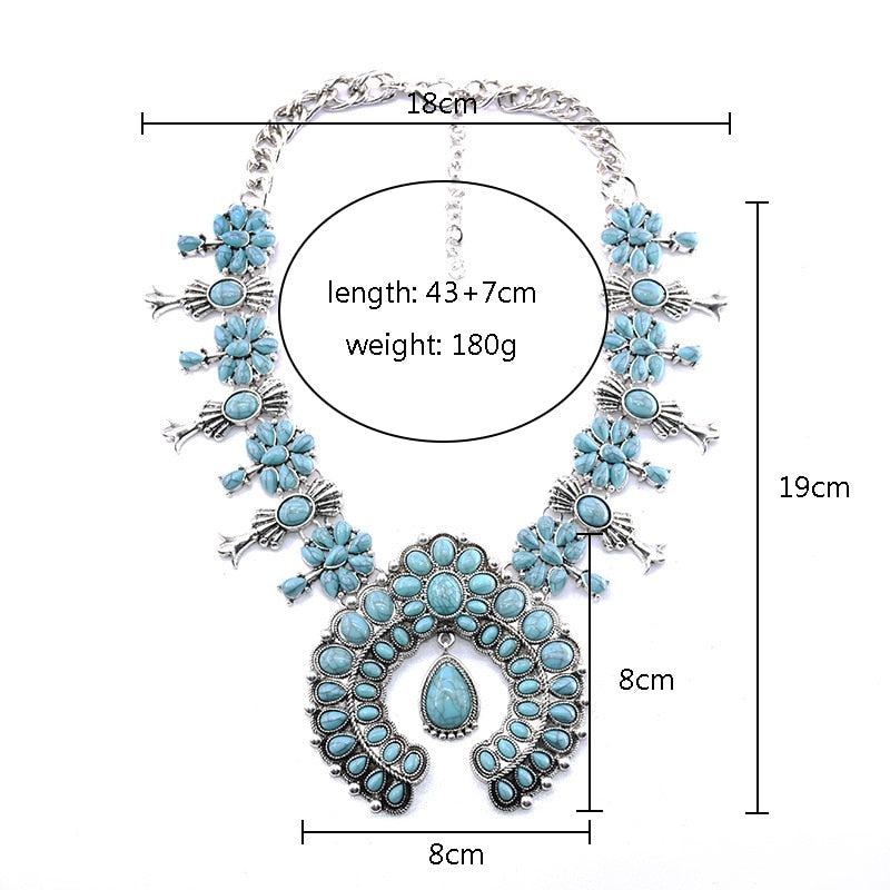Western Jewelry American Tribal Big Chunky Bold Statement Accessories Femme Squash Blossom Turquoise Necklace for Women