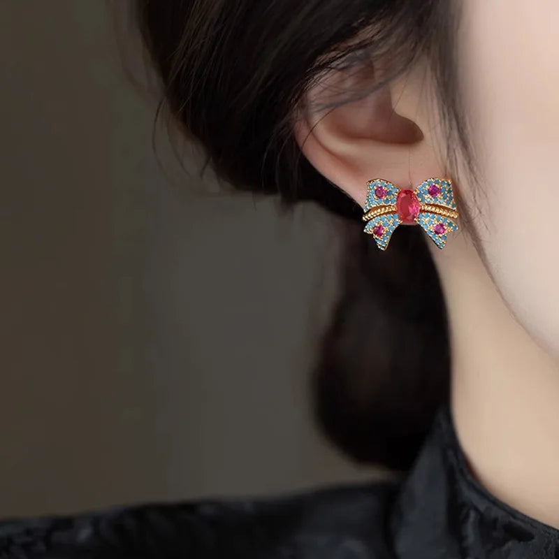 Red Crystal Zircon Bow Earrings Jewelry