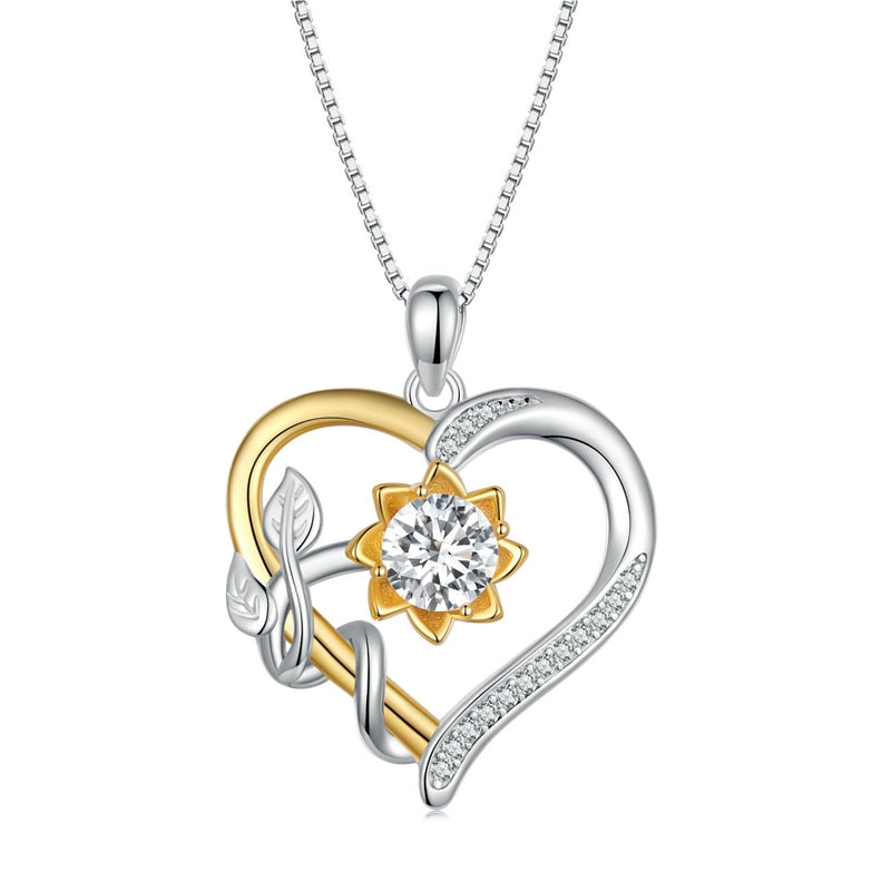 WOSTU 1.0 CT D Moissanite Heart Shape Sunflower Charm Necklace for Women Birthday Gift Double Color Yellow Gold 925 Silver Links