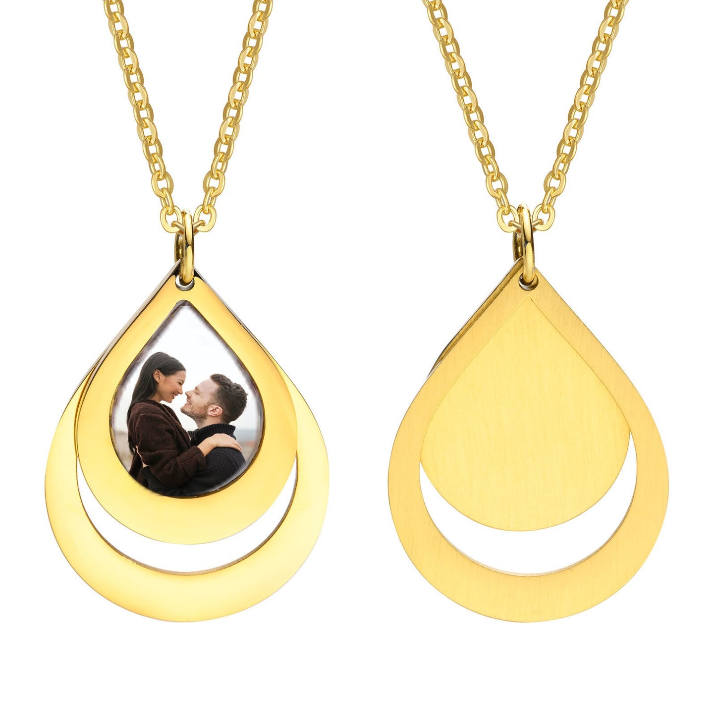 Vnox Free Personalize Photo Picture Necklaces for Women,Stainless Steel Heart Waterdrop Pendant Collar,Custom Engrave Gift