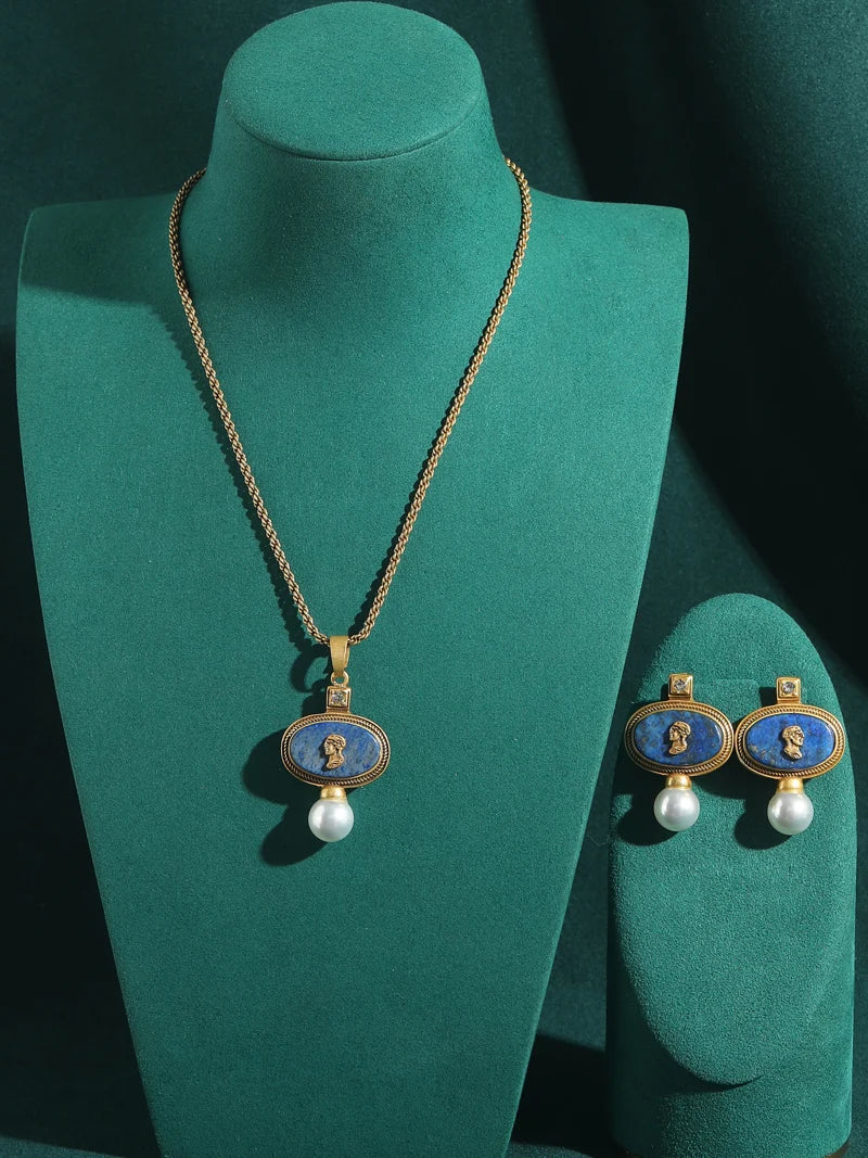 Vintage Cameo Jewelry Set Woman Avatar Pendent Pearl Necklace Lapis Lazuli Stud Earrings Blue Natural Stone Wedding Party 2026 - Charlie Dolly