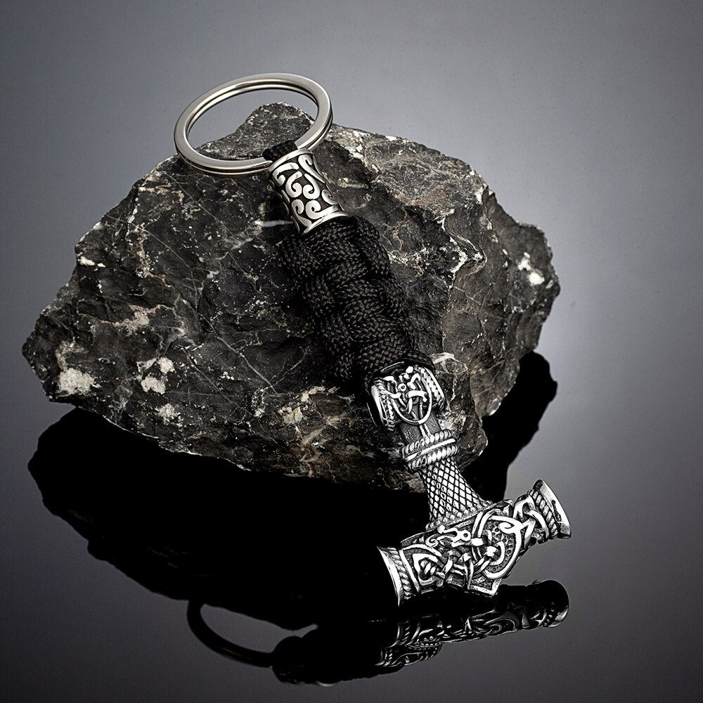Norse Thor's Hammer Vikings Keychain Men Charm Braided Lanyard Stainless Steel Keyring Valknut Rune Handmade Retro Jewelry