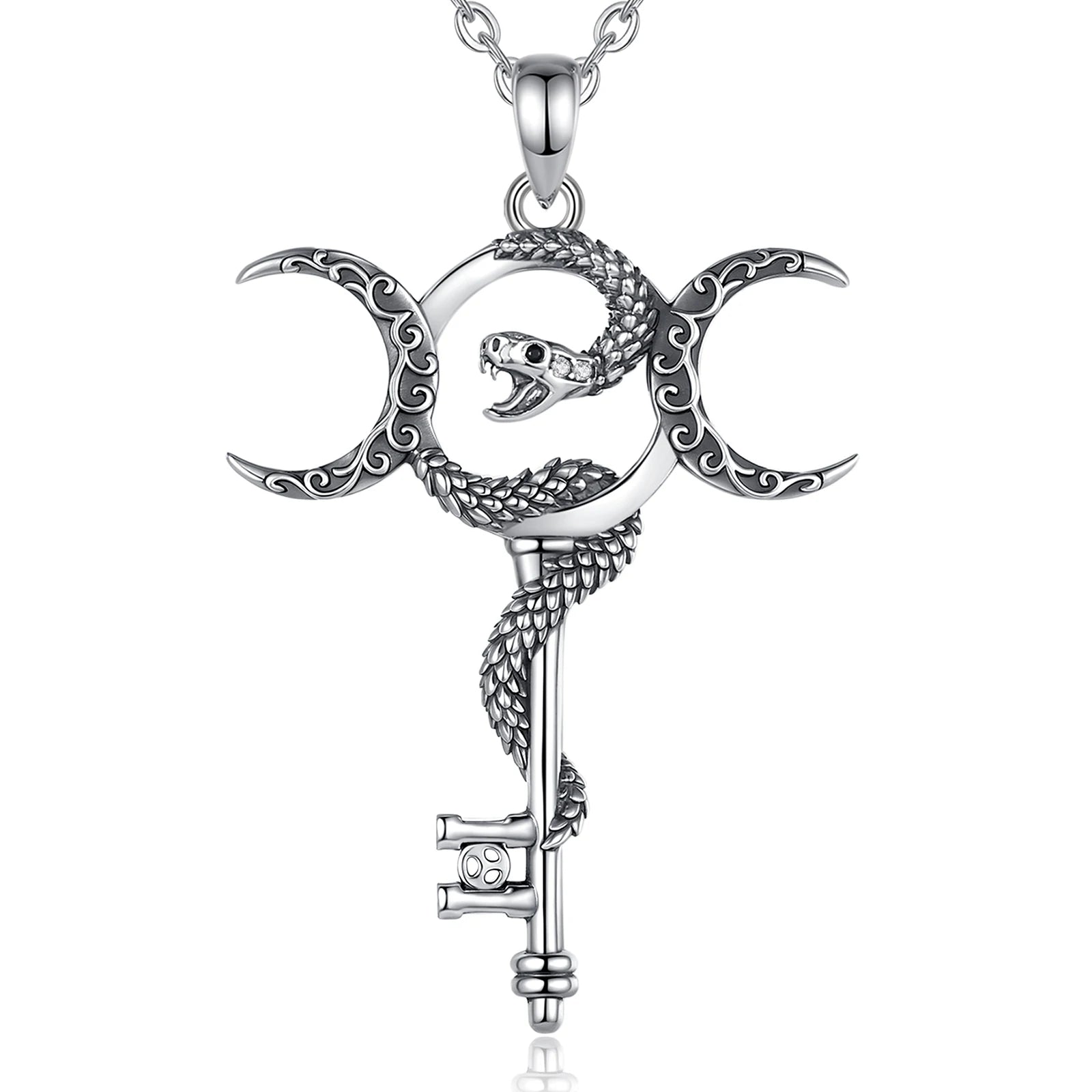 S925 Sterling Silver Hecate Triple Moon Goddess Pendant Necklace, Snake & Key Pagan Wicca Amulet