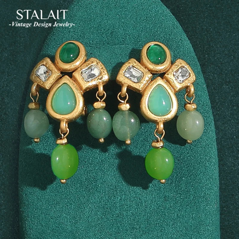 Gothic Green Stone Teardrop Tassel Earrings, Vintage Antique Gold Boho Jewelry