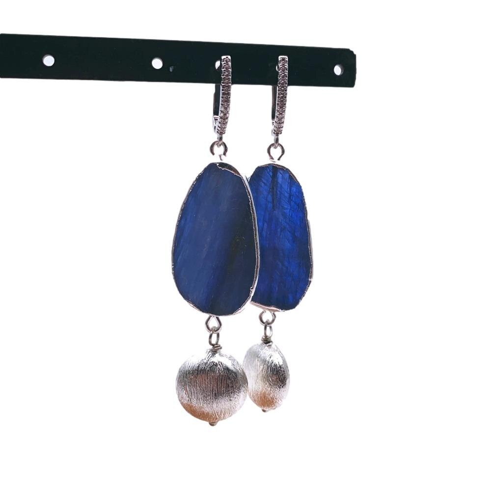 YYGEM Natural Natural Blue Kyantie With Electroplated Edge Silver Color Brushed Bead gold plated leverback Earrings