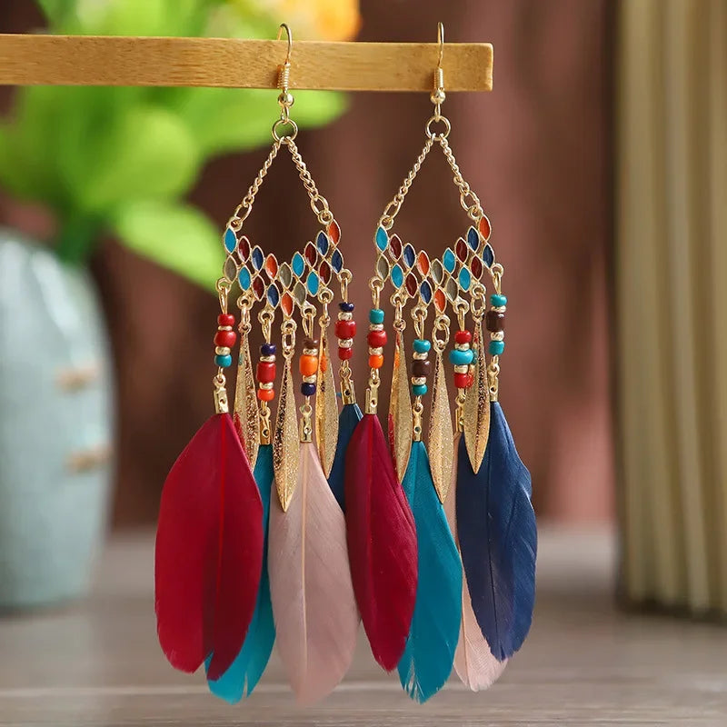 Feather Colorful Bead Long Tassel Earrings Jewelry
