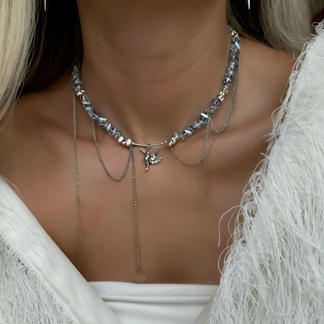 Bird and Heart Pendant Tassel Chain Necklace Jewelry
