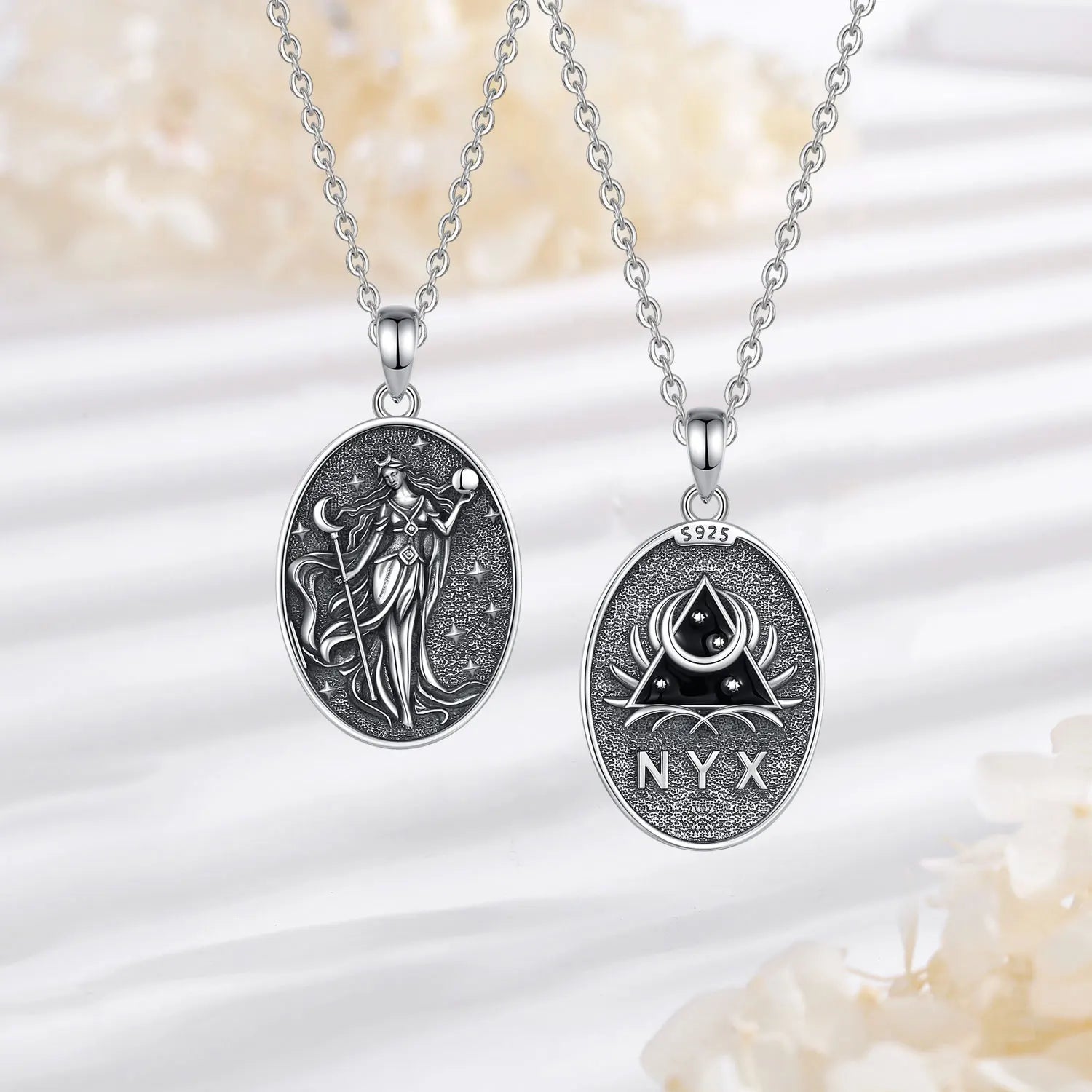 S925 Sterling Silver Nyx Moon Goddess Pendant Necklace, Dark Goddess of Night Wicca Amulet