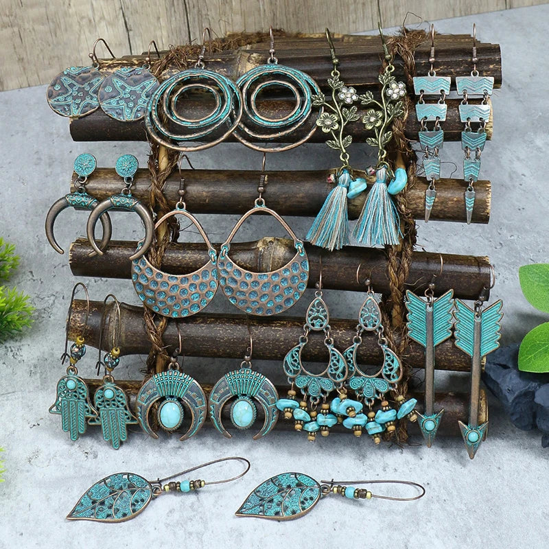 Blue Stone Beaded Flower Leaf Tassel Earrings Jewelry