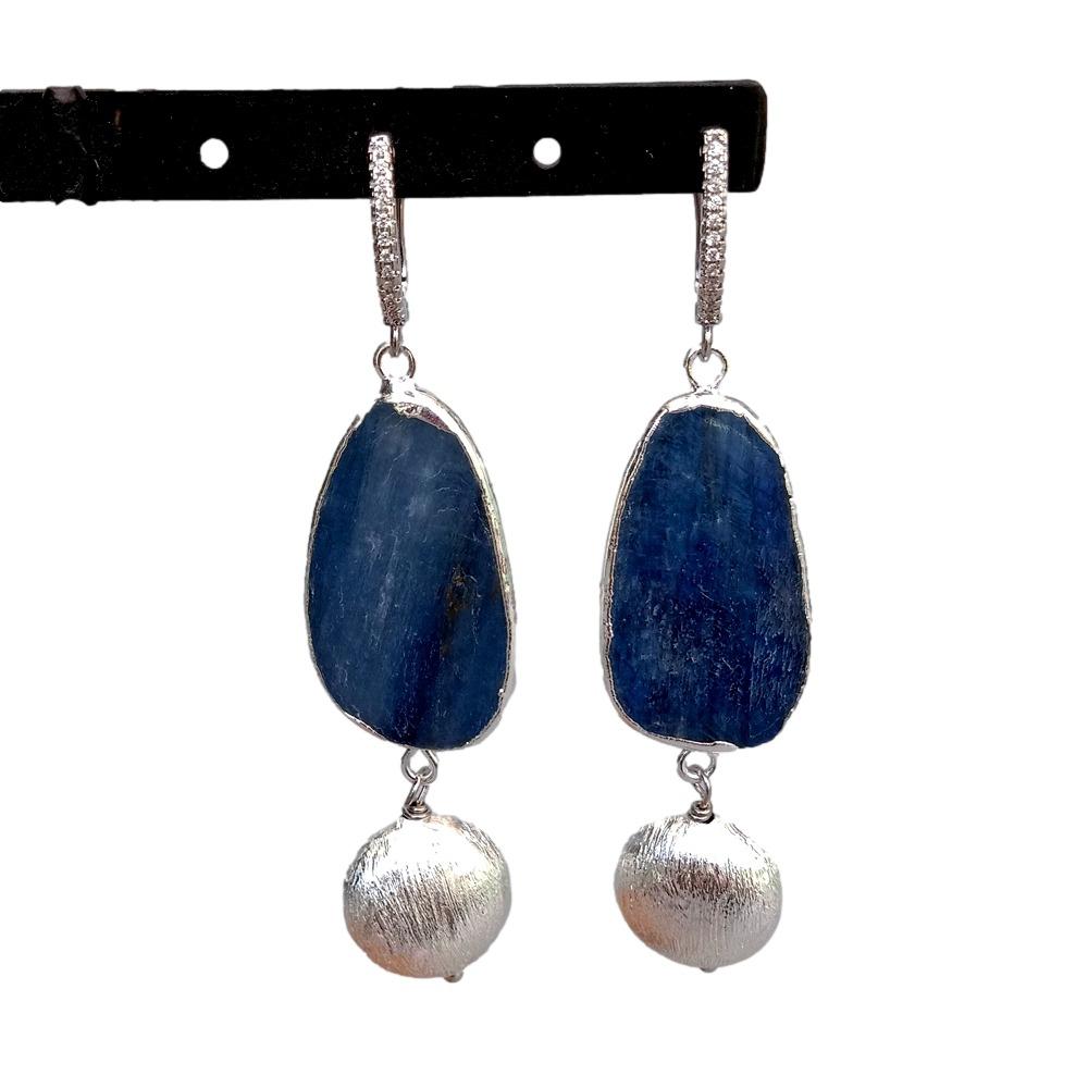 YYGEM Natural Natural Blue Kyantie With Electroplated Edge Silver Color Brushed Bead gold plated leverback Earrings