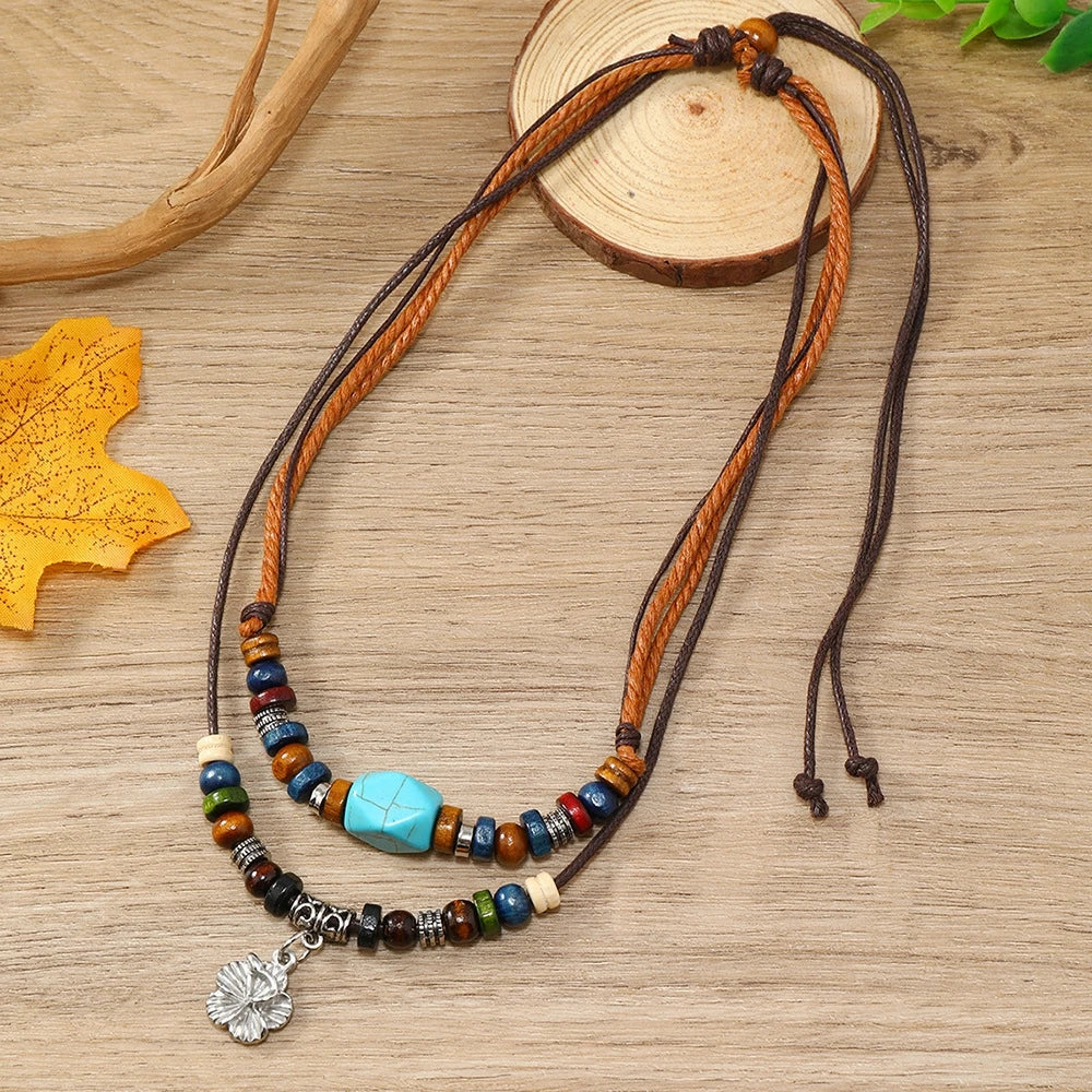 Wood Bead Wax Rope Multilayer Necklace Jewelry