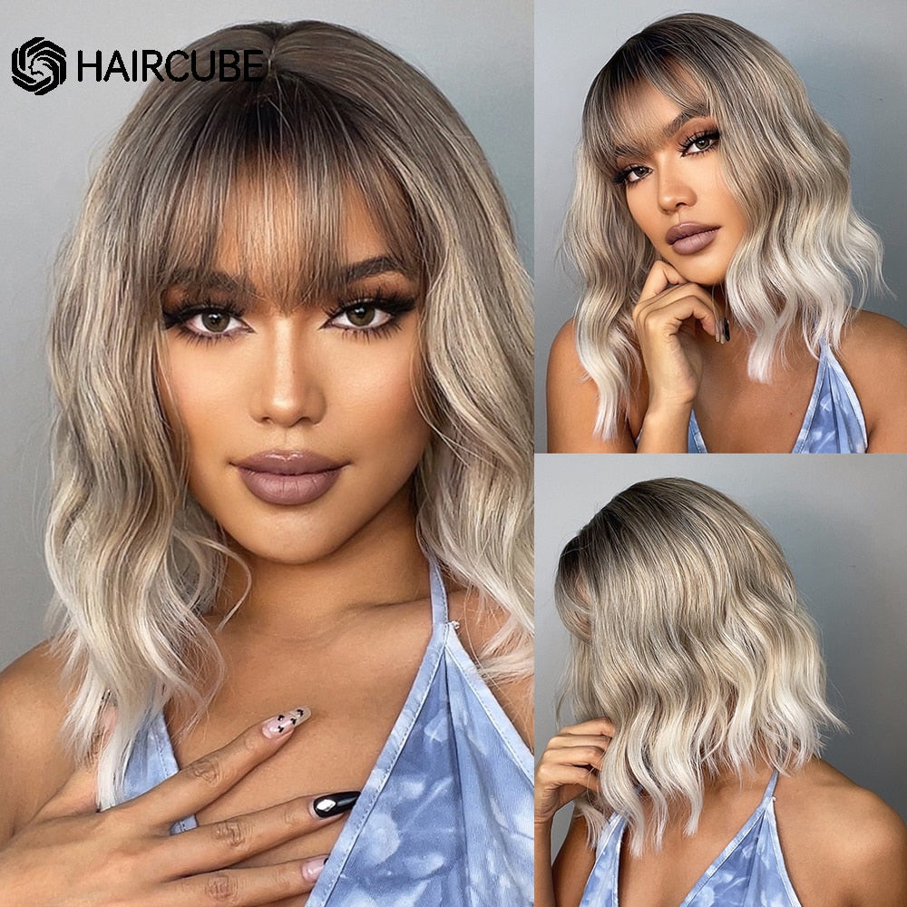 Medium Length Water Wave Synthetic Wigs Cute Pink Wigs With Bangs for Women Cosplay Natural Heat Resistant Bob Lolita Hair