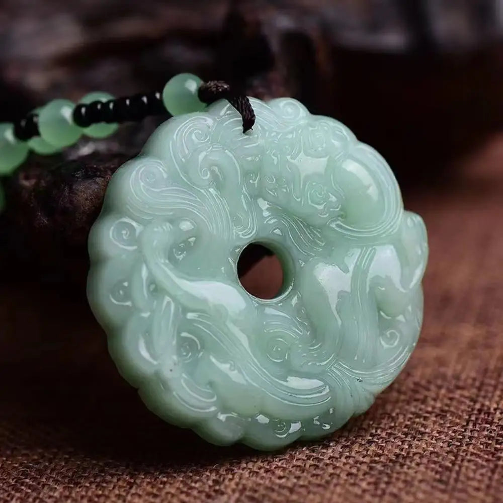Hand-Carved Green Jade Dragon Pendant Necklace, Chinese Lucky Amulet