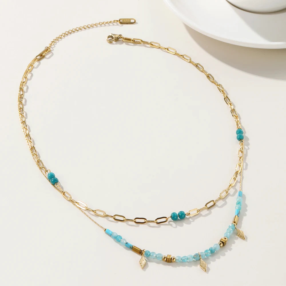 Blue Acrylic Bead Layered Charm Necklace Jewelry