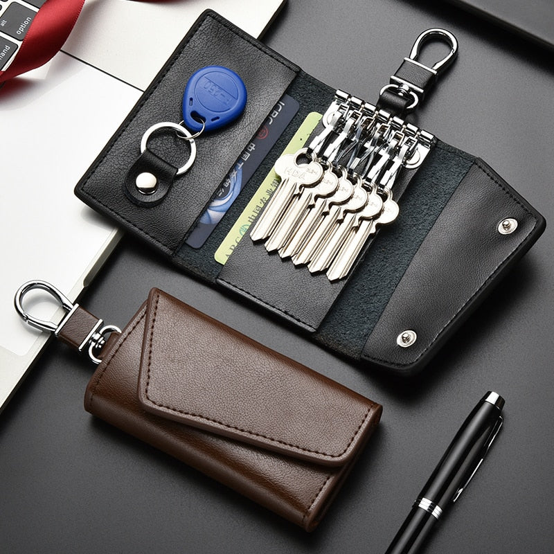 6 Hooks Leather Keychain Storage Men Women Key Holder Organizer Pouch Cow Split Car Key Wallets Housekeeper Key Case Card Bag