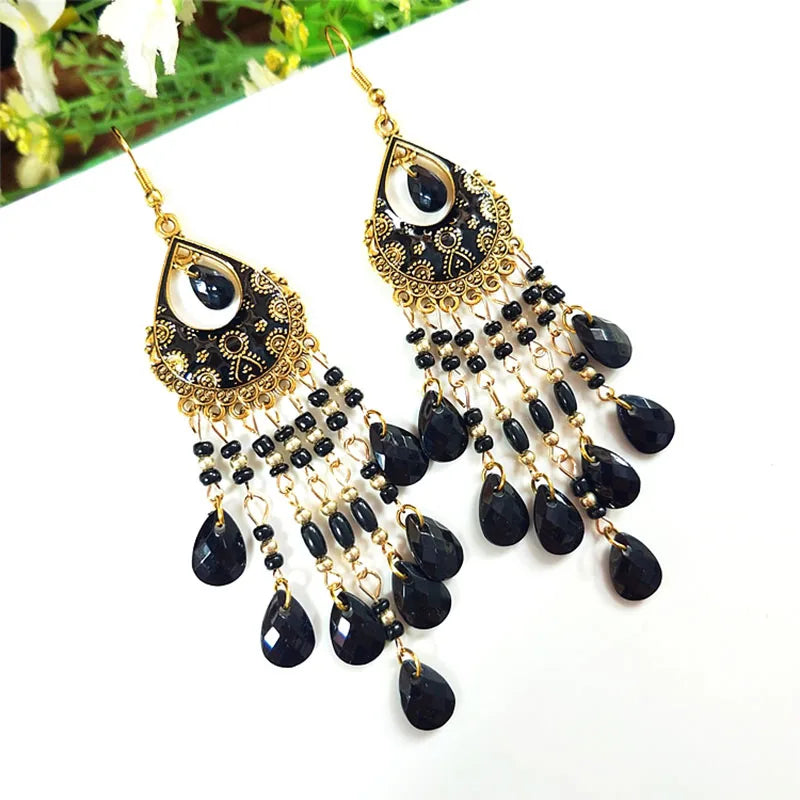 Acrylic Waterdrop Bead Tassel Long Earrings Jewelry