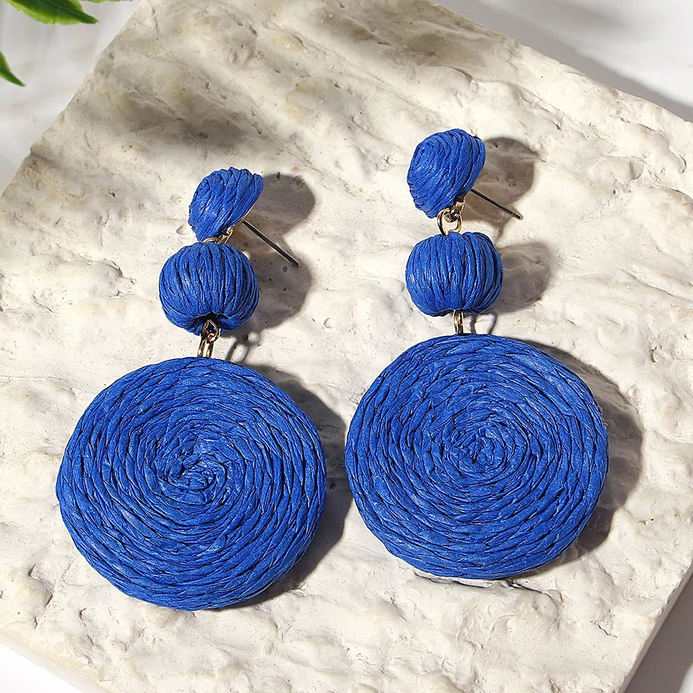 Yellow Raffia Knit Round Drop Earrings Jewelry