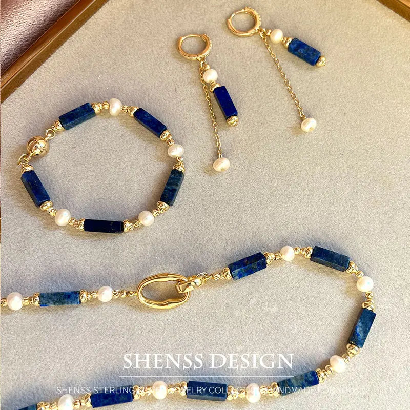 Exclusive Design Personalized Natural Freshwater Pearl Lapis lazuli Necklace Bracelet Earrings Copper Plated 14k Gold Accessorie - Charlie Dolly