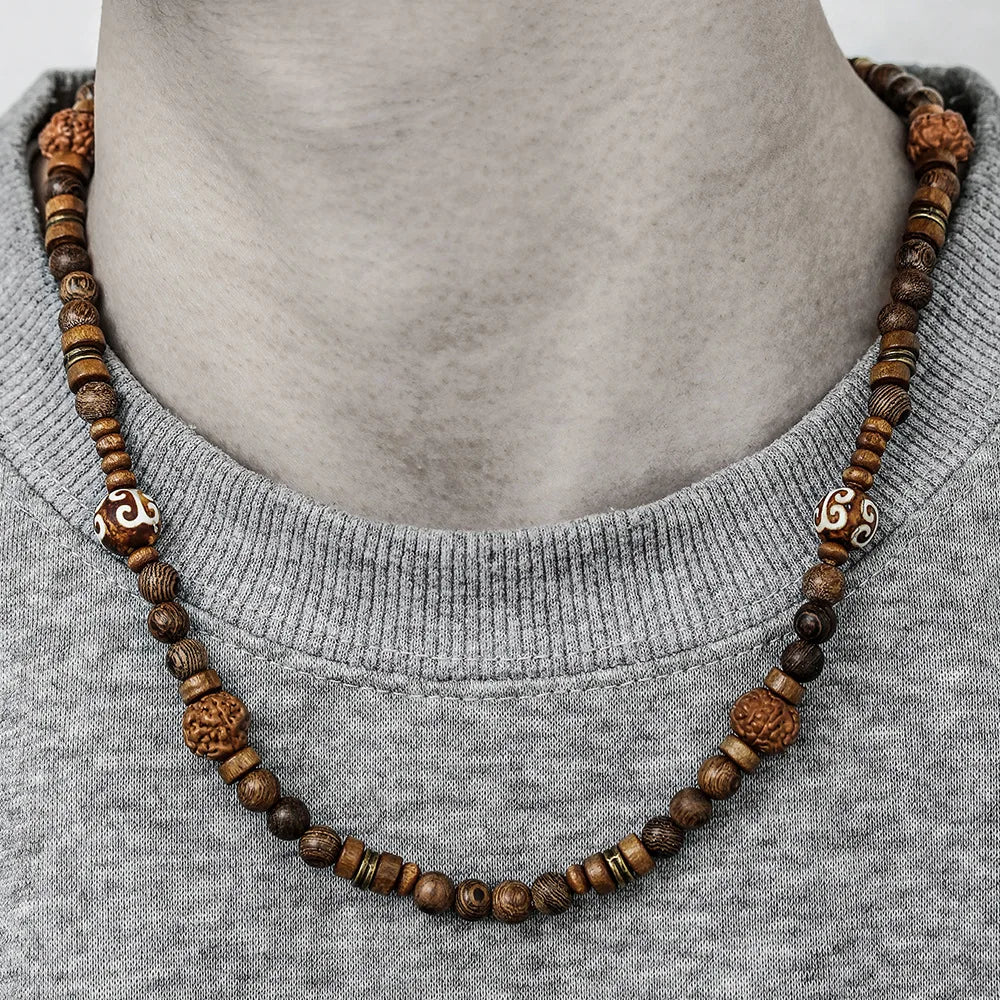 Coconut Shell and Wood Bead Prayer Boho Necklace