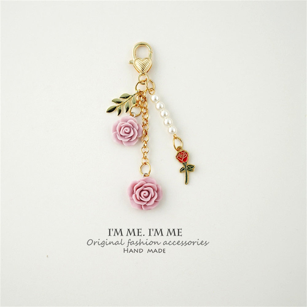 8colors 3D Rose Camellia Keychain Women Girls Sweet Pearl Tassel Flower Keyring With Metal Leaf For Earphone Case Bag Decoration