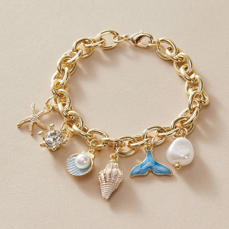Irregular Shell, Starfish and Pearl Tassel Necklace and Earring Set
