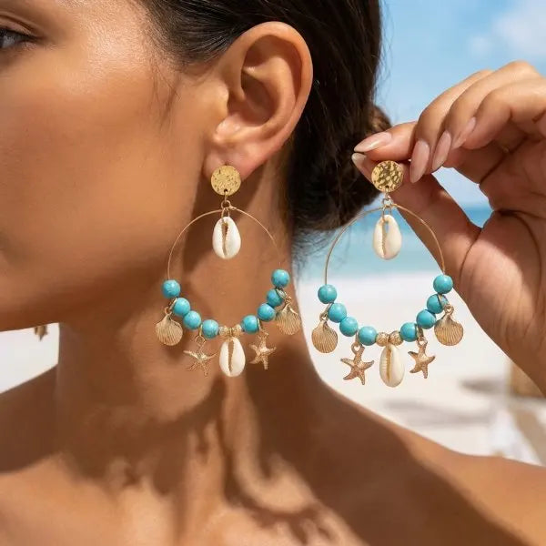 Y2K Starfish, Shell and Irregular Stone Hoop Earrings