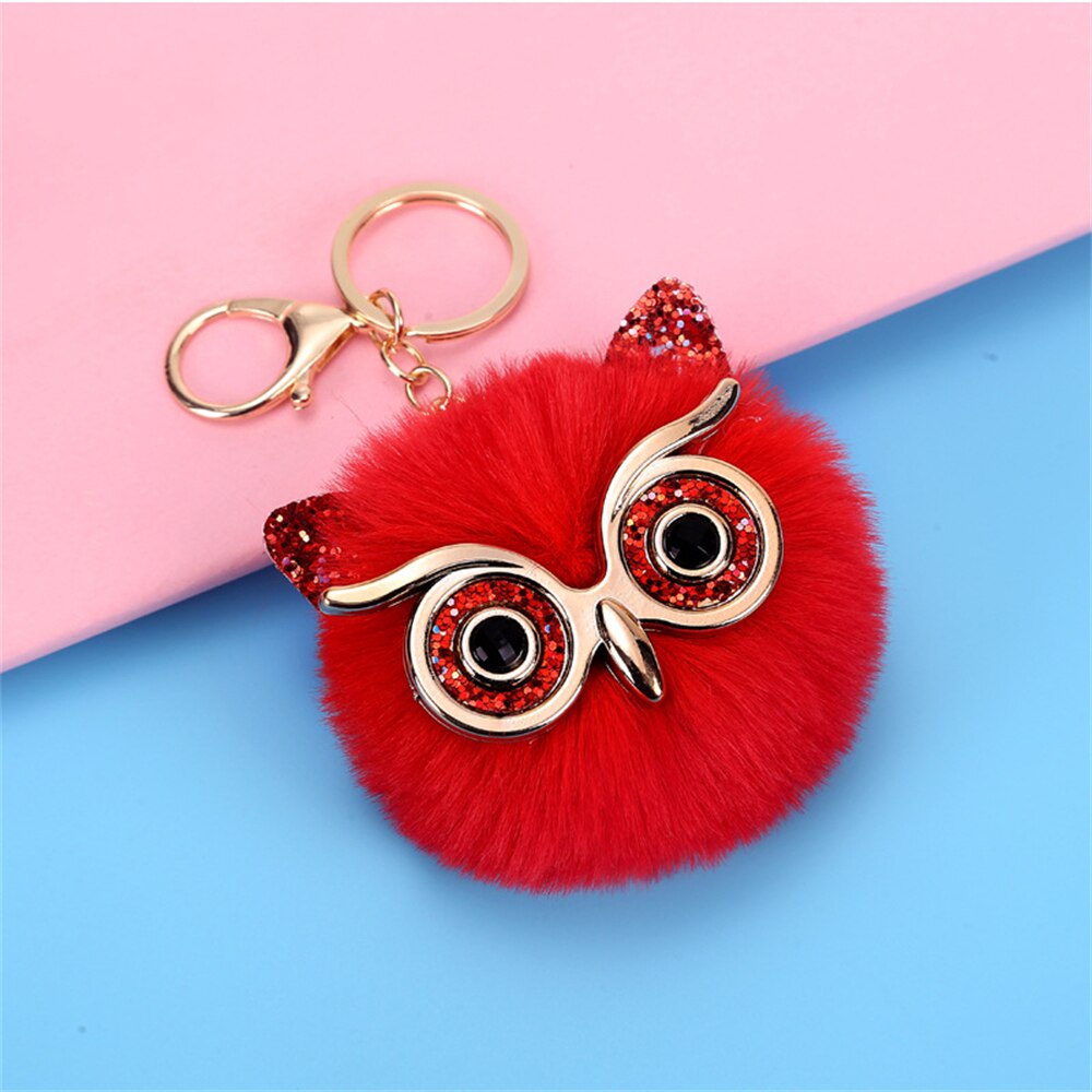 Cartoon Plush Owl Keychain With Sequin Girls Backpack Ornaments Fashion Soft Fluffy Pompom Animal Key Rings For Ladies Gifts