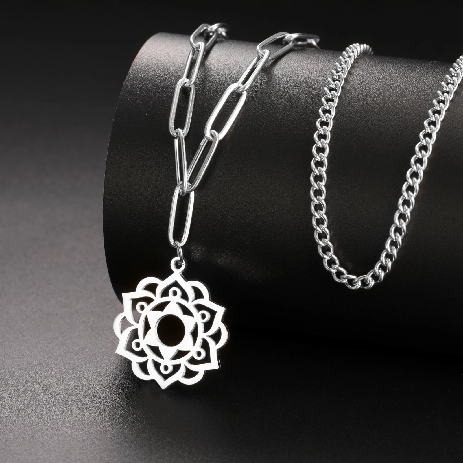 Yoga Lotus & Flower of Life Pendant Necklace, Stainless Steel Chakra Healing Amulet