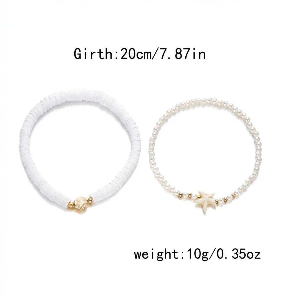 Polymer Clay Heishi Bead and Shell Starfish Anklet Set (2 Pieces)