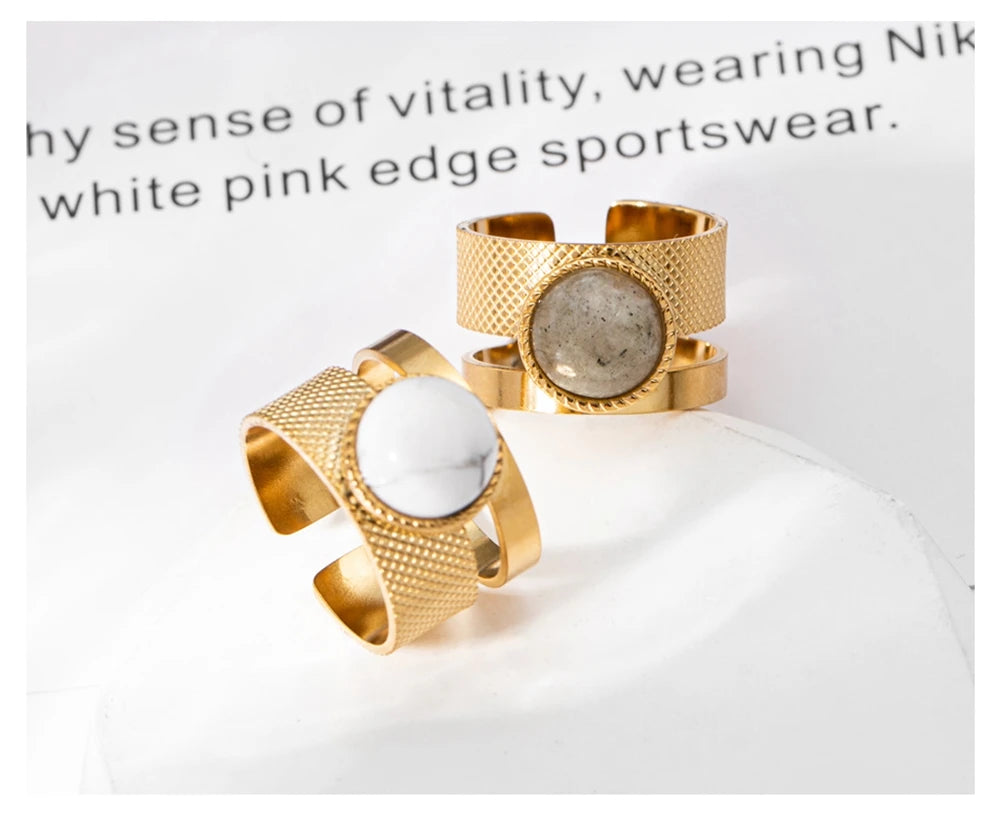 WILD & FREE Boho Stainless Steel Rings For Women Glamour Trendy Gold Color Inlaid Natural Stone Statement Jewelry - Charlie Dolly