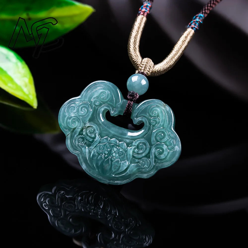 Burmese Emerald Jadeite Blue Water Lotus Ruyi Pendant Necklace, Natural Amulet