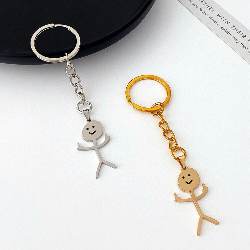 Funny Middle Finger Stickman Keychain Cute Titanium Steel School Bag Car Key Pendant Couple Trinket Gift Keyrings