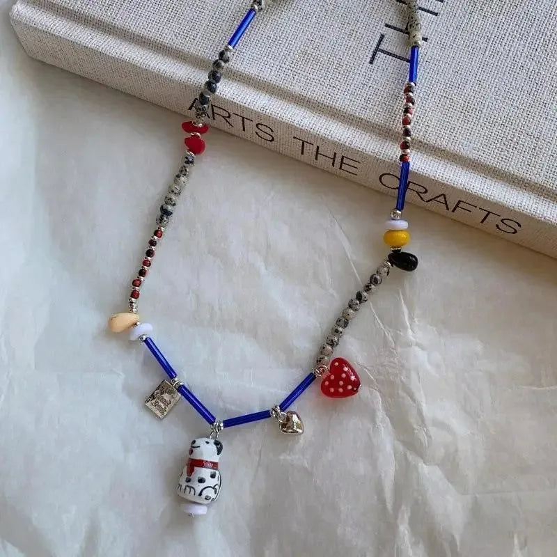 Black and White Beaded Dalmatian Puppy Pendant Necklace