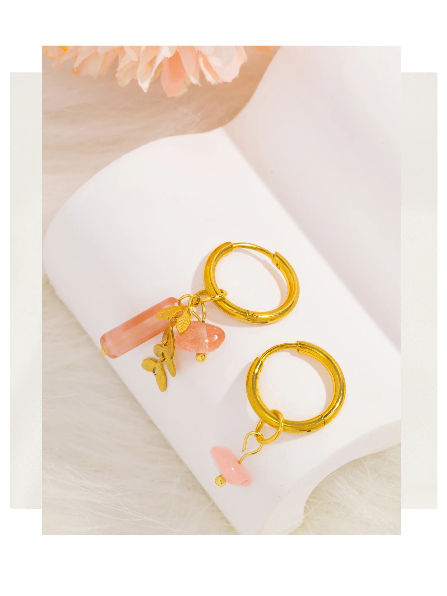 Pink Natural Stone Hoop Drop Earrings, 18K Gold Stainless Steel Boho Jewelry