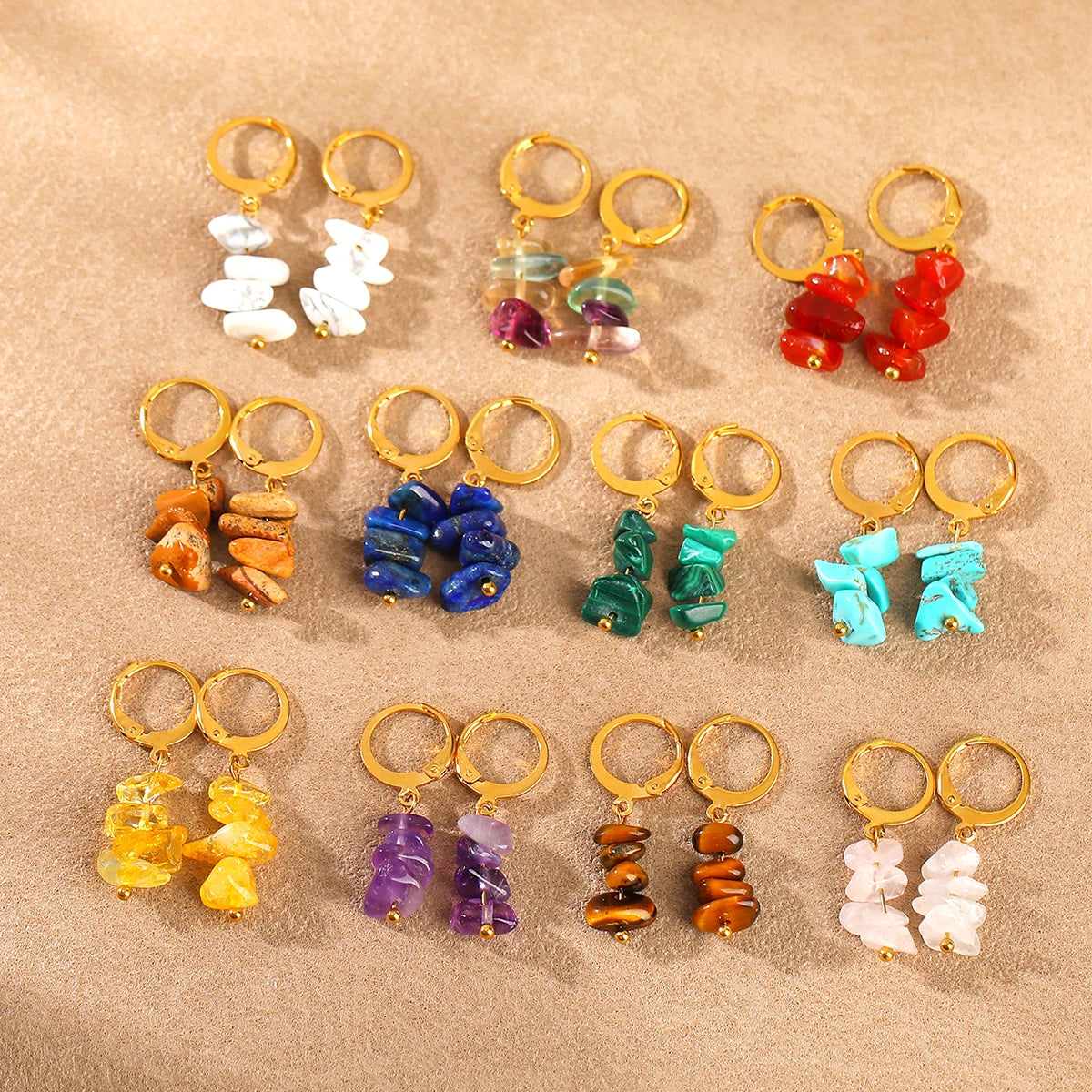 Raw Crystal Chip Dangle Hoop Earrings, Natural Gemstone Reiki Healing Boho Jewelry